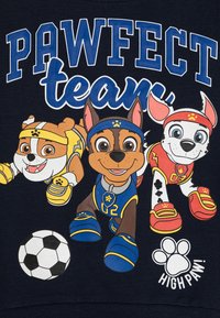 Mørk marineblå hettegenser med tre tegneseriehunder i sportsutstyr, med teksten "PAWFECT team" og en fotball som en bemerkelsesverdig detalj.
