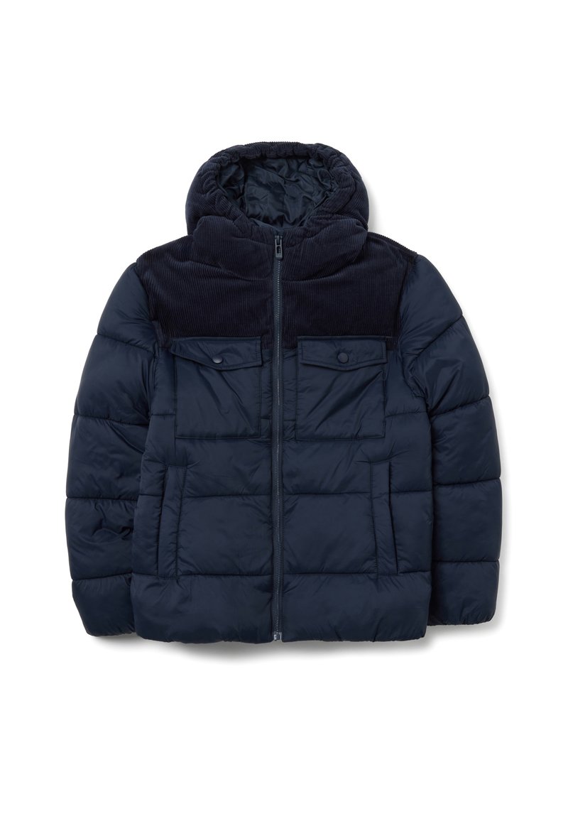 Giubbotto piumino blu navy con collo alto, chiusura con zip e due tasche anteriori. La parte superiore presenta dettagli in corduroy a coste.
