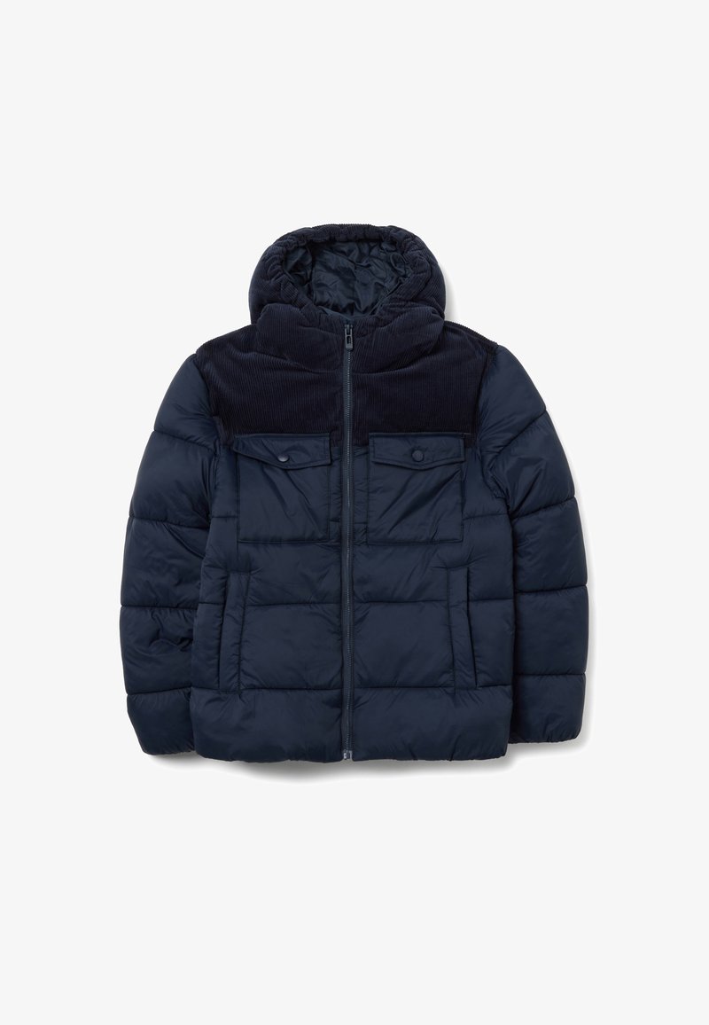 Giubbotto piumino blu navy con collo alto, chiusura con zip e due tasche anteriori. La parte superiore presenta dettagli in corduroy a coste.
