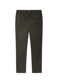 Chinos verde oliva con una texture liscia, dotati di due tasche posteriori con chiusure a bottone e una piccola etichetta con logo. Design a gamba dritta.
