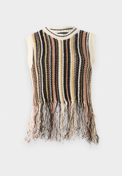Stricktop ohne Ärmel mit vertikalen Streifen in Schwarz, Creme, Rosa und Gold. Mit einem fransigen Saum und einem gerippten Kragen.