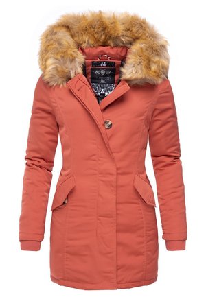 Coral padded coat with a faux fur hood, button closure, two side pockets, and ribbed cuffs. Soft texture, warm design, and knee-length cut.