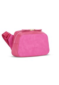 Rózsaszín bőr válltáska, téglalap alakú, sima textúrával, aranyszínű fémrészletekkel és kontrasztos pánttal. A táska elején a márkajelzés található.