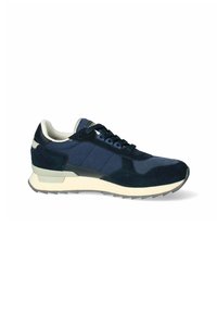 Sneaker blu navy in suede e tessuto, con tomaia testurizzata, suola chiara a contrasto e lacci piatti.