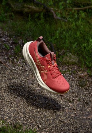 Red athletic shoe with a perforated upper, gold accent lines, and a cushioned, cream-colored sole, set against a natural background.