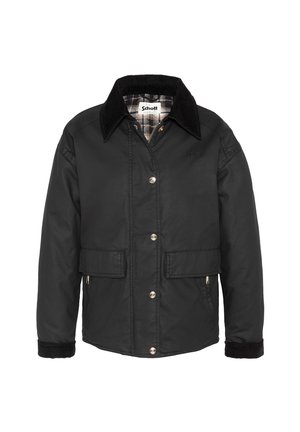 Veste décontractée noire avec col et poignets en velours côtelé, boutons-pression à l'avant, deux poches à rabat et doublure intérieure à carreaux.