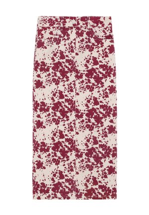 Falda lápiz beige con talle alto y estampado floral y salpicaduras en color granate, con bolsillos delanteros y cierre de botón.