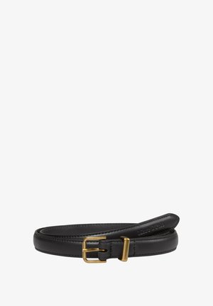 Ceinture en cuir noir au fini lisse, dotée d'une boucle en métal doré et d'un design minimaliste, idéale pour diverses tenues.