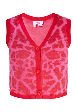 Rode mouwloze trui met een roze abstract patroon, v-hals ontwerp en drie rode knopen aan de voorkant. Zachte, gestructureerde stof.