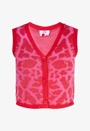 Vesta roșie fără mâneci, cu un model abstract roz, design în formă de v și trei nasturi roșii pe față. Material moale, texturat.