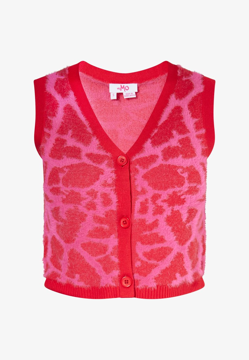 Červený bezrúškový sveter s abstraktným ružovým vzorom, v-krčný strih a tri červené gombíky vpredu. Mäkká, štruktúrovaná tkanina.