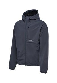 Donker marineblauwe lichtgewicht jas met een aangesloten capuchon, voorzak met rits en elastische manchetten. Heeft een klein borstzakje met een logo. Glad textuur.