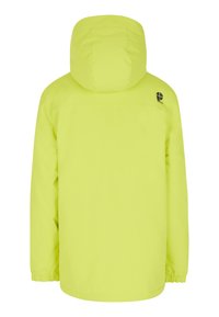Veste de pluie à capuche de couleur jaune vif, fabriquée dans un matériau lisse et léger, avec des poignets élastiques et un détail de logo dans le haut du dos.