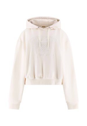 Biała krótka bluza z kapturem wykonana z miękkiego materiału. Posiada haftowane logo "GUESS", kaptur z sznurkiem oraz ściągacze na rękawach i dole bluzy.