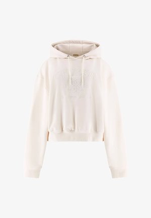 Witte cropped hoodie gemaakt van zacht stof. Voorzien van een geborduurd "GUESS" logo, capuchon met trekkoord en geribbelde boorden aan de mouwen en zoom.
