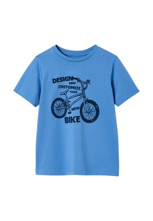 Blue short-sleeve t-shirt with a black graphic of a bicycle and the text "Design and customize your new bike" on the front.