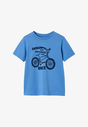Blue short-sleeve t-shirt with a black graphic of a bicycle and the text "Design and customize your new bike" on the front.