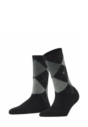 Schwarz-grau gestreifte Socken im Argyle-Muster mit geripptem Bündchen, glatter Textur und einem silbernen Logoakzent auf einer Seite.