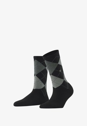 Schwarz-grau gestreifte Socken im Argyle-Muster mit geripptem Bündchen, glatter Textur und einem silbernen Logoakzent auf einer Seite.