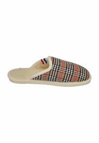Plush indoor slipper with a beige, black, and red plaid pattern, white faux fur lining, and a durable white sole with a subtle texture.