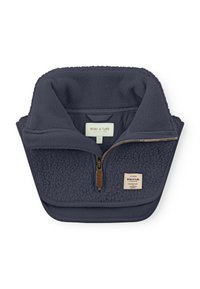 Marineblauer Fleece-Pullover mit hohem Kragen und Reißverschluss. Ausgestattet mit weichem, strukturiertem Stoff und einem Etikett mit Markenname und Größe.