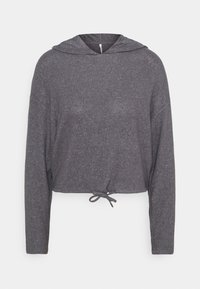 Szary, krótki hoodie z długimi rękawami i ściągaczem w pasie. Miękka, strukturalna tkanina. Posiada prosty kaptur i szeroką konstrukcję.