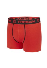 Caleçons rouges en tissu doux, avec une ceinture de marque noire. Le design comprend des coutures lisses et une silhouette ajustée.