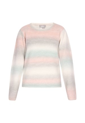 Lettet strikket sweater med lange ærmer, rund halsudskæring og vandrette striber i pastelnuancer af pink, mintgrøn og hvid.