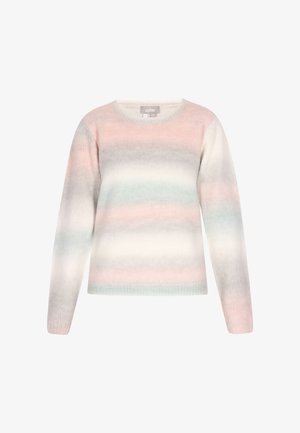 Lichtgewicht gebreide trui met lange mouwen, ronde hals en horizontale strepen in pastelkleuren van roze, mintgroen en wit.