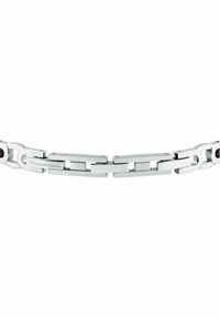 Bracciale in metallo argento con maglie rettangolari e ovali alternate, finitura lucida e nome del marchio inciso.