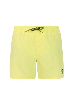 Gele zwembroek met elastische tailleband en zwart trekkoord, met een klein logo op het onderste rechterbeen.