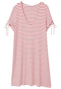 Pasiasta sukienka w bieli i czerwieni, z dekoltem w kształcie litery V, krótkimi rękawami z przyszytymi troczkami oraz luźnym krojem. Wykonana z prążkowanego materiału.