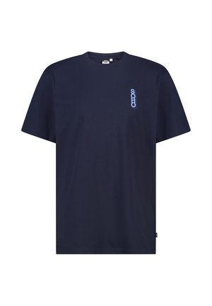 Marineblauw T-shirt met korte mouwen, ronde hals en een klein verticaal "SOHO" logo in lichtblauw op de linkerborst.