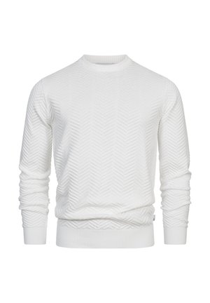 Weißer, strukturierter Pullover mit Fischgrätmuster, mit gerippten Bündchen und Saum; Rundhalsausschnitt. Weicher Stoff mit glatter Oberfläche.