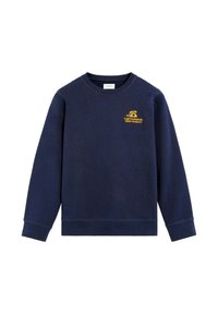 Tummansininen pitkähihaine sweatshirt, jossa on keltainen puhelin graafi ja teksti "CallTheRebels 0800-Scalpers" vasemmassa rinnassa.