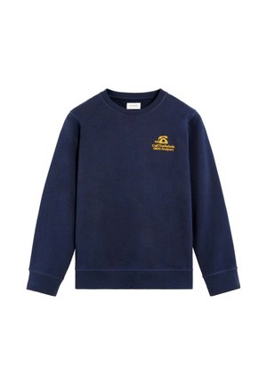 Sudadera de mangas largas color azul marino con gráfico de teléfono amarillo y el texto "CallTheRebels 0800-Scalpers" en el lado izquierdo del pecho.