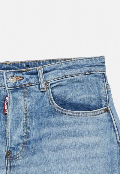 Light blue denim jeans with front pocket, belt loops, metal button, and red Dsquared2 brand tag on left side seam.