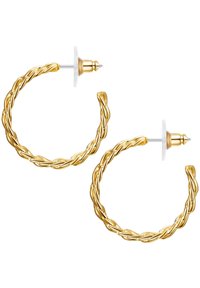 Auksinės sukamos kilpos auskarai su tekstūruotu paviršiumi, turintys kaištinį užsegimą ir skaidrų plastikinį užpakalį, kad būtų užtikrintas saugus dėvėjimas.