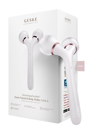 SmartAppGuided Sonic Facial & Body Roller met dubbele geribbelde massagekoppen voor het gladmaken, verstevigen en aanspannen van de huid, getoond met verpakking.
