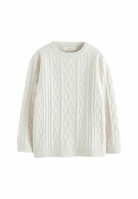 Bílý svetr s pleteným vzorem má kulatý výstřih, texturovaný diamantový vzor a pružný lem a manžety pro pohodlné nošení a teplo.