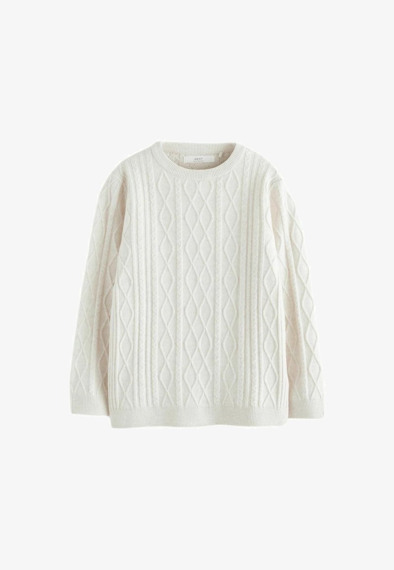 Bílý svetr s pleteným vzorem má kulatý výstřih, texturovaný diamantový vzor a pružný lem a manžety pro pohodlné nošení a teplo.