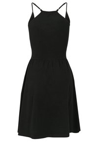 Svart ärmlös klänning med en åtsittande överdel och utsvängd kjol. Tillverkad i mjukt tyg, har den tunna axelband och en rynkad midja för komfort.