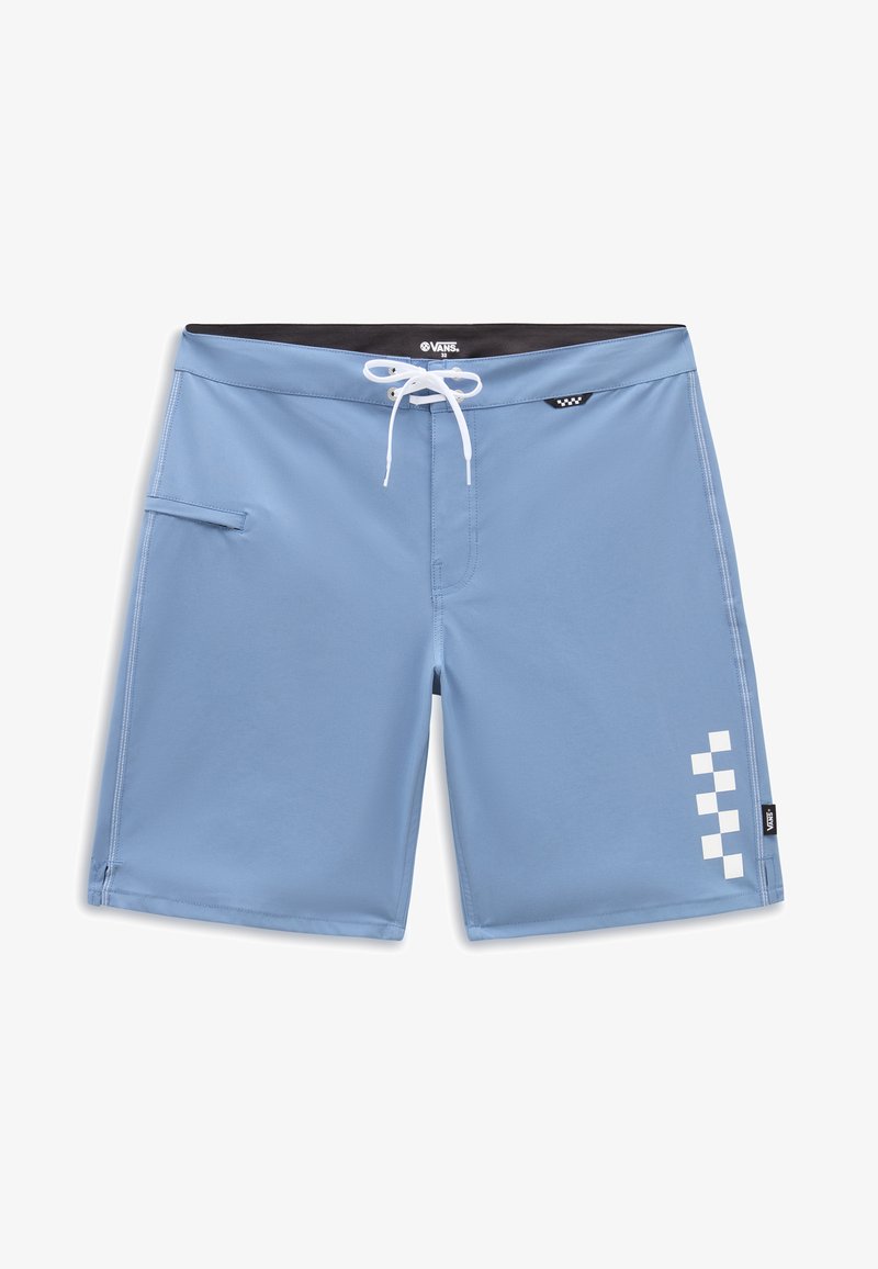 Shorts de bain bleu clair en matériau à séchage rapide, avec une taille intérieure noire, un cordon blanc, une poche latérale et des accents graphiques blancs.