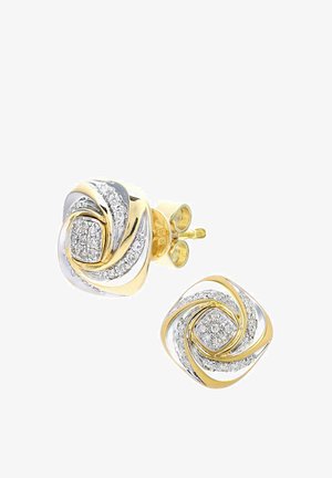 Orecchini in tonalità oro e argento con un design intrecciato, decorati con zirconi cubici al centro quadrato, con una finitura lucida.