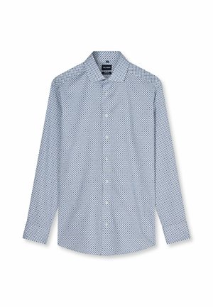 Long-sleeve button-up shirt with small blue diamond pattern on a white background, spread collar, and visible brand label inside collar.