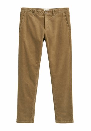 Pantaloni in corduroy marroni con una vestibilità dritta, dotati di tasche laterali e chiusura con bottone, texture liscia e sottili righe verticali.