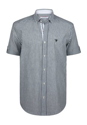 Chemise à manches courtes avec des rayures verticales grises et blanches, ourlet arrondi et logo d'oiseau brodé sur la poitrine. Tissu en mélange de coton.