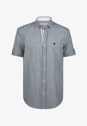 Short-sleeve button-up shirt with gray and white vertical stripes, rounded hem, and embroidered bird logo on the chest. Cotton blend fabric.