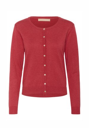 Rode gebreide cardigan met een ronde halslijn, een knopenlijst aan de voorkant, geribbelde manchetten en zoom. Beschikt over een zachte textuur en een gladde afwerking.