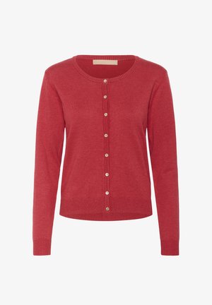 Red knitted cardigan with a round neckline, button-front closure, ribbed cuffs, and hem. Features a soft texture and smooth finish.